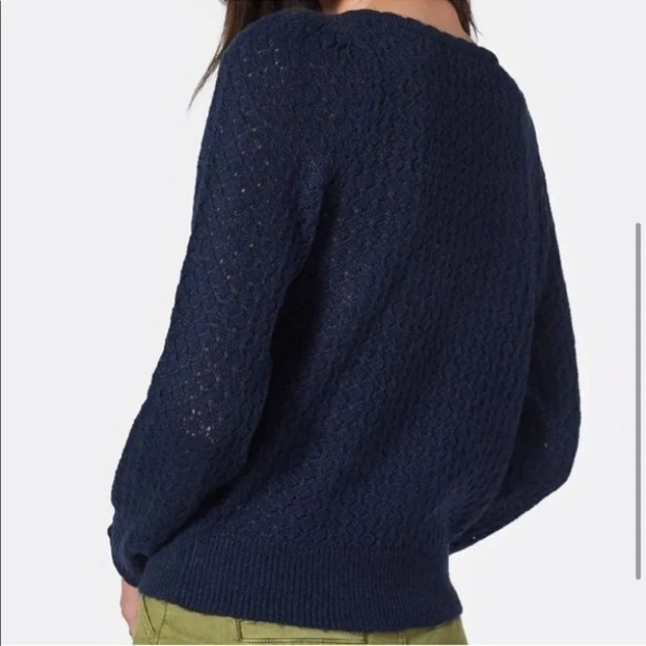 Joie Moxya Pointelle Puff Sleeve Sweater Knit Women's L Scallop Jumper Navy Blue - Picture 3 of 9